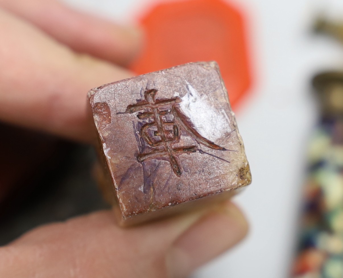 A group of various glass, hardstone etc. desk seals, to include a Chinese soapstone seal